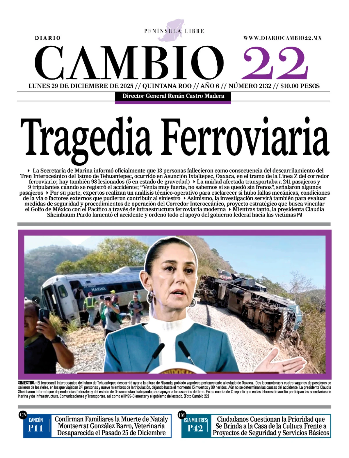 Portada de Diario Cambio 22 (portada) del lunes, 29 de diciembre de 2025