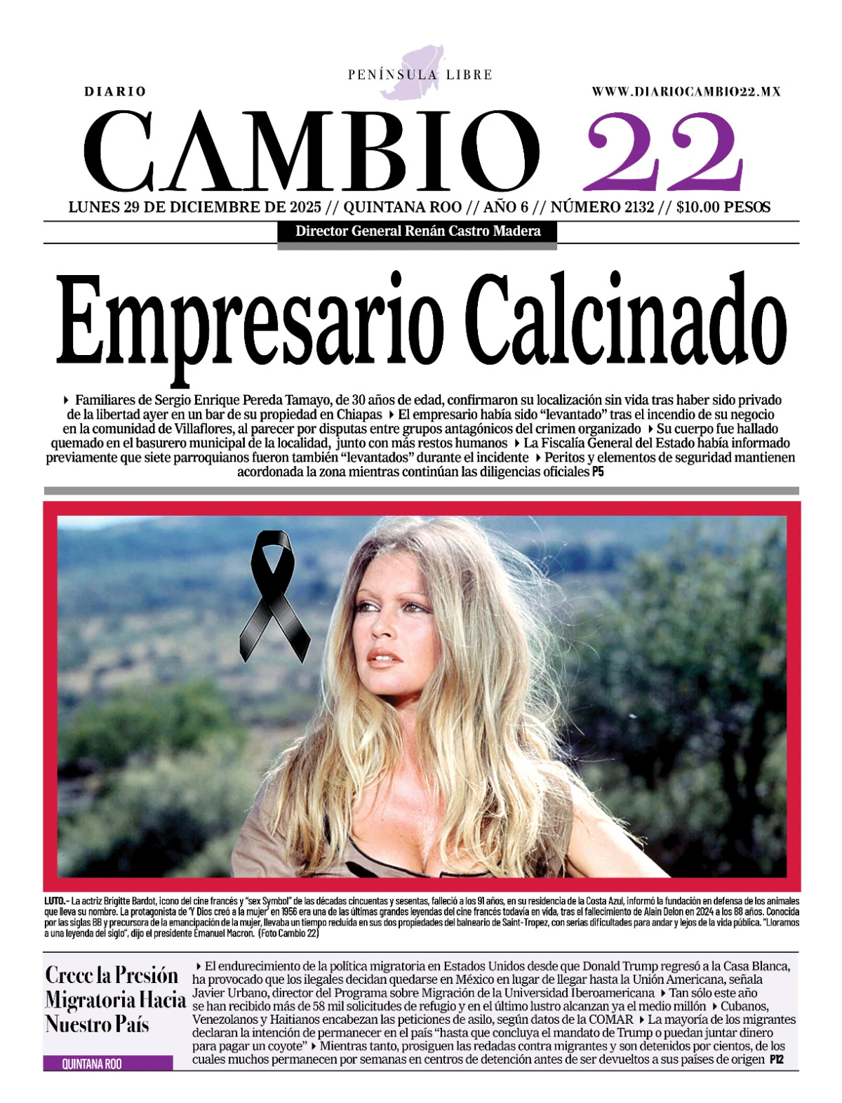Portada de Diario Cambio 22 (contraportada) del lunes, 29 de diciembre de 2025