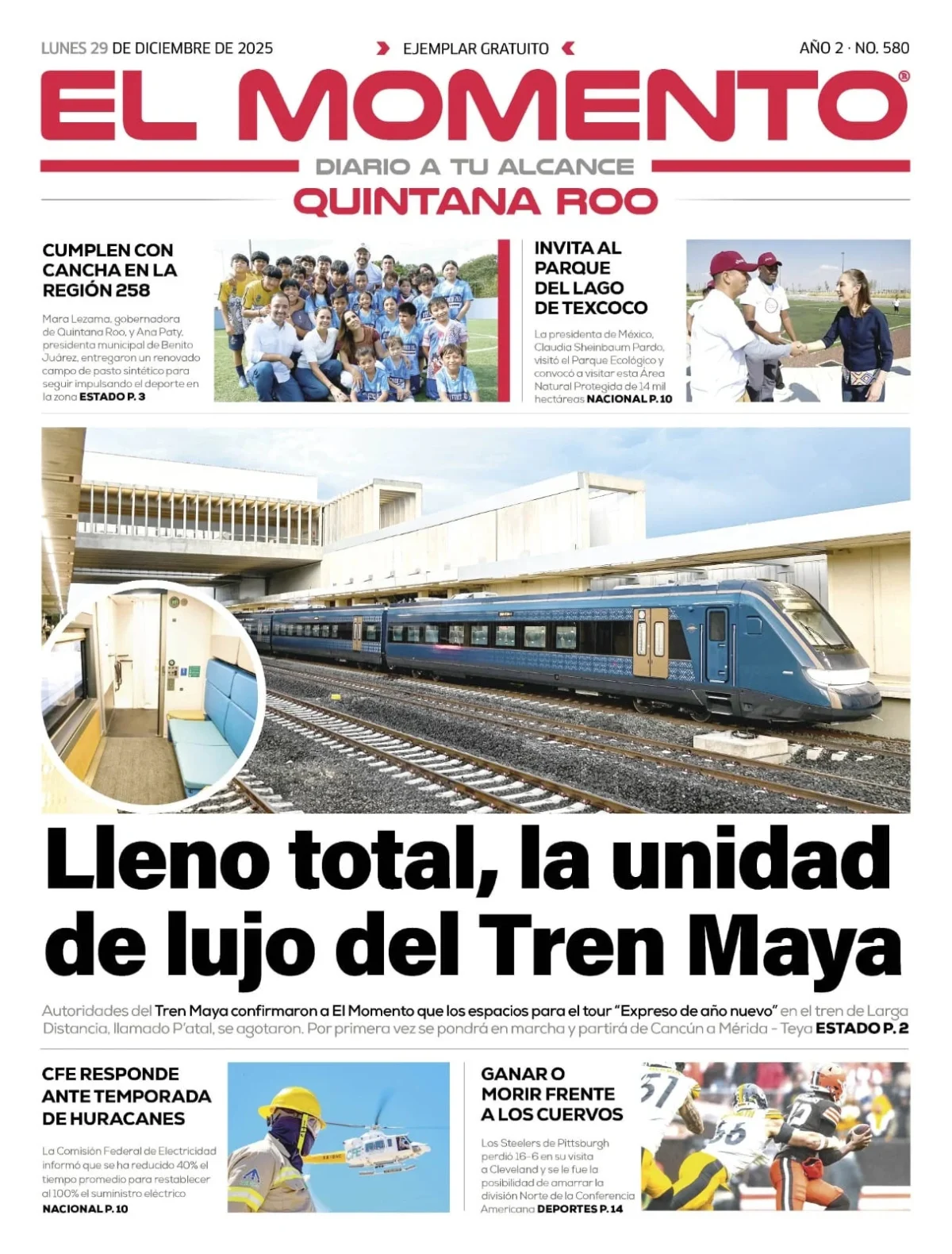 Portada de El Momento Quintana Roo del lunes, 29 de diciembre de 2025