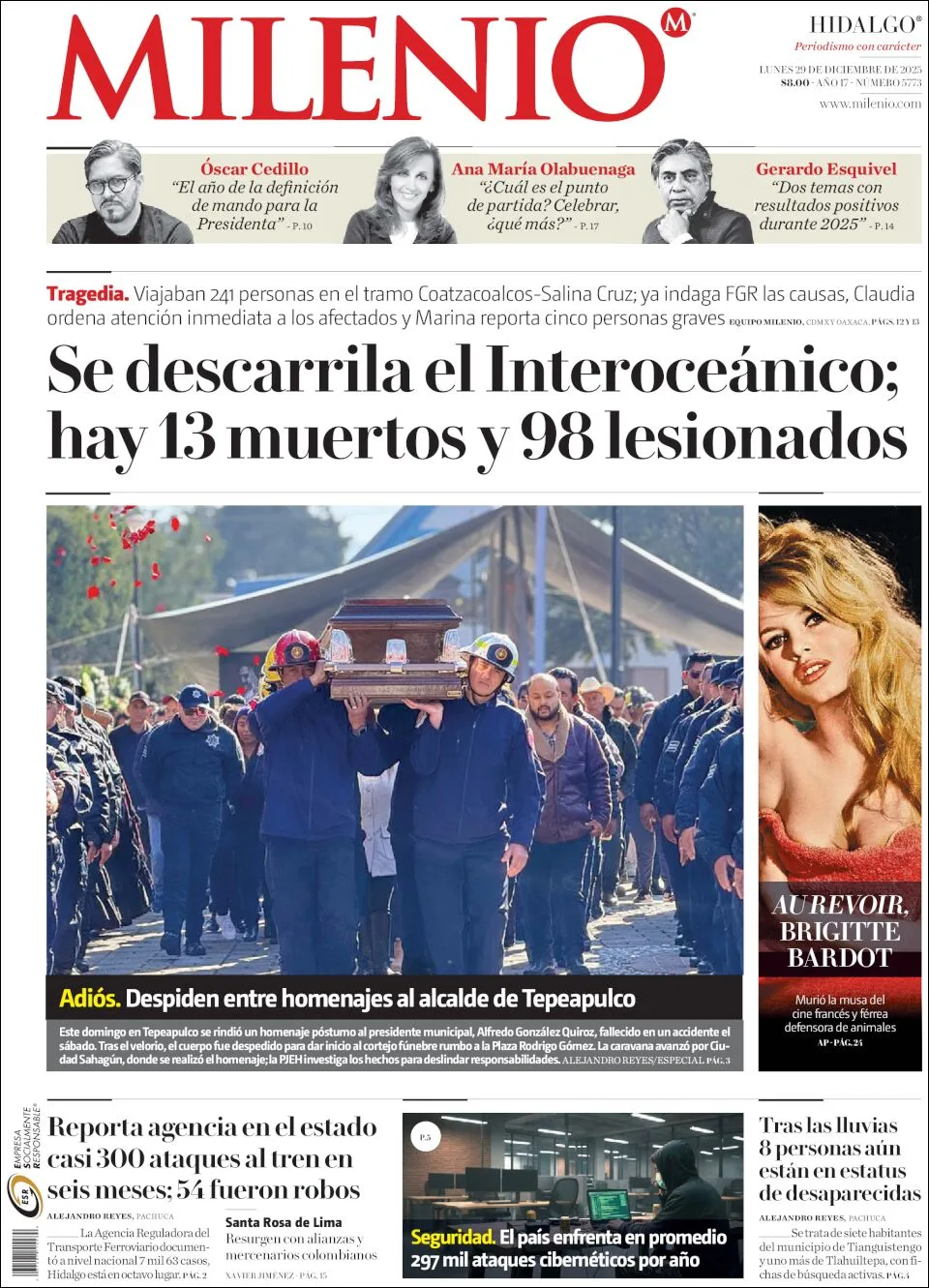 Portada de Milenio Hidalgo del lunes, 29 de diciembre de 2025
