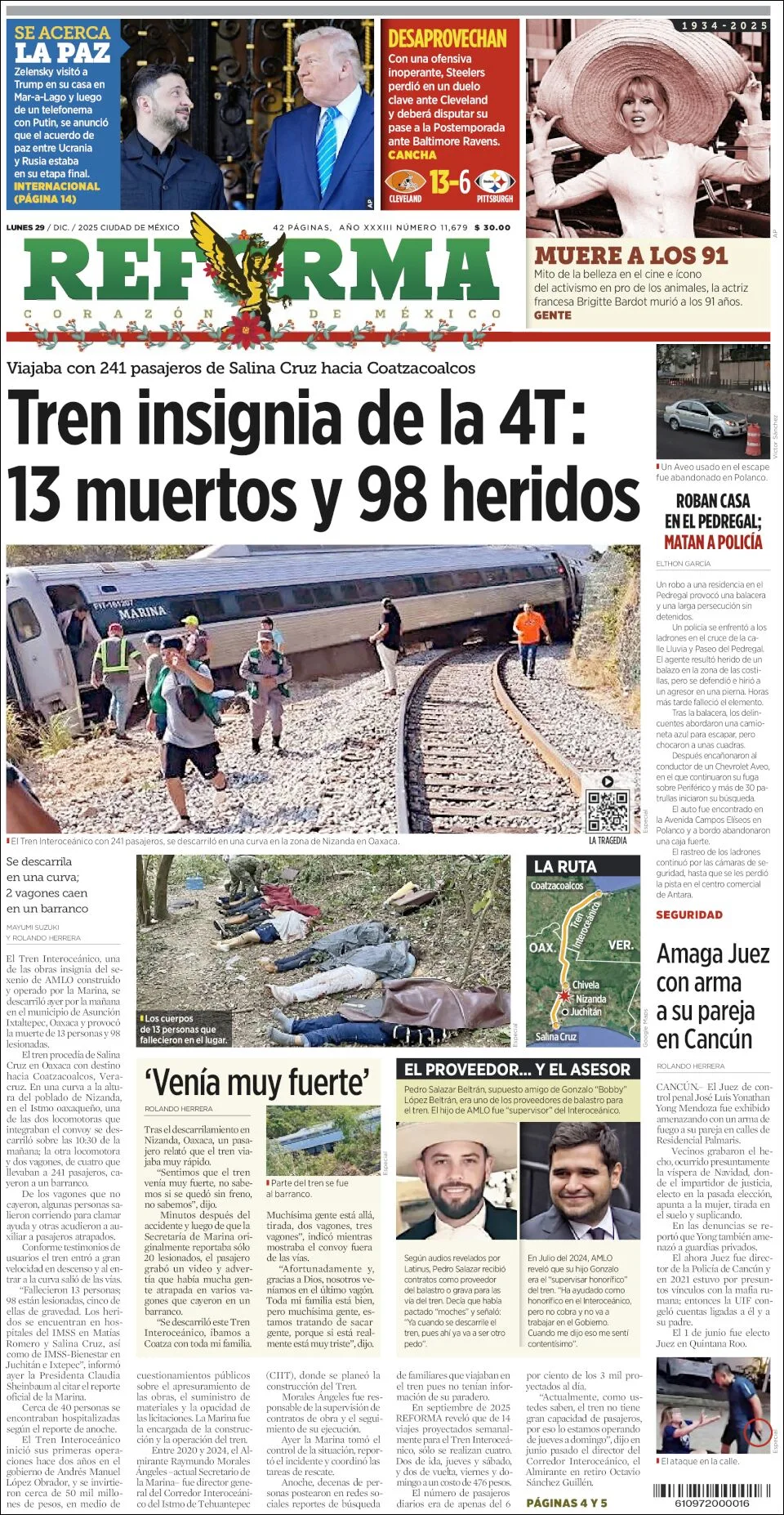 Portada de Reforma del lunes, 29 de diciembre de 2025