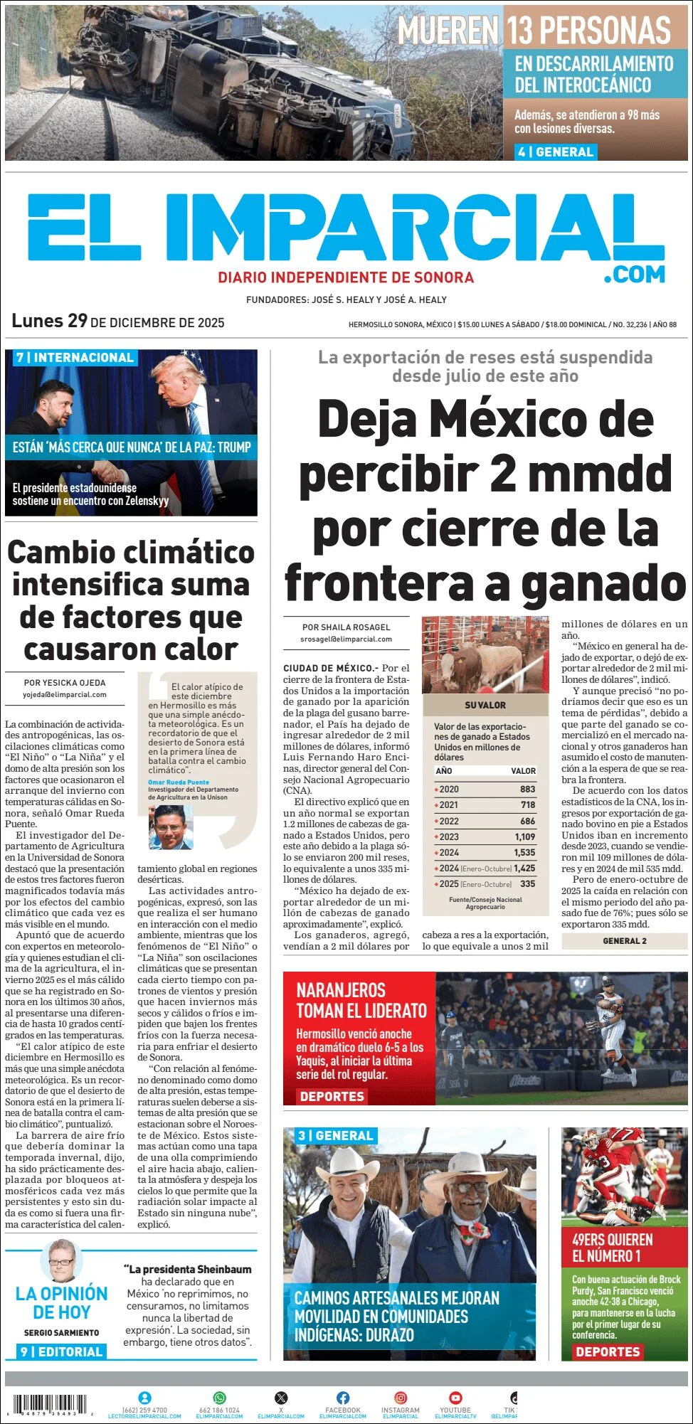 Portada de El Imparcial del lunes, 29 de diciembre de 2025