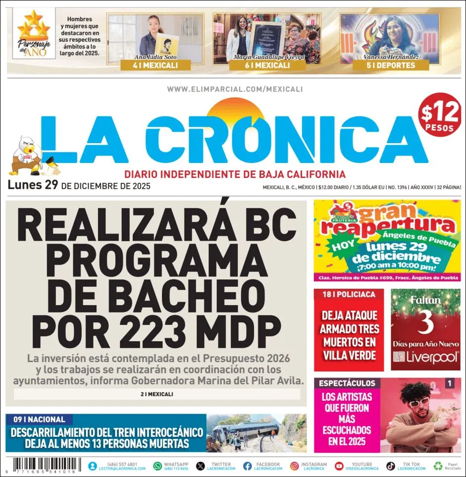 Portada de La Cronica del lunes, 29 de diciembre de 2025