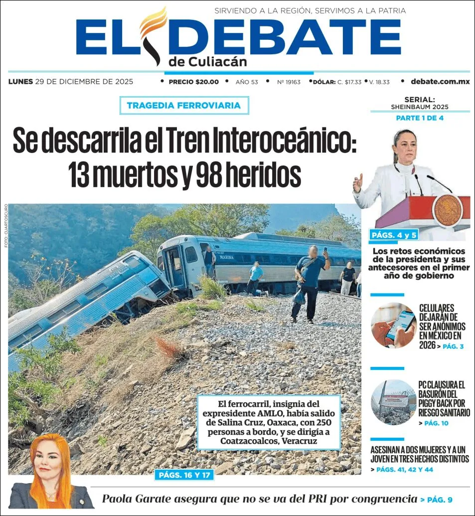 Portada de El Debate de Culiacan del lunes, 29 de diciembre de 2025