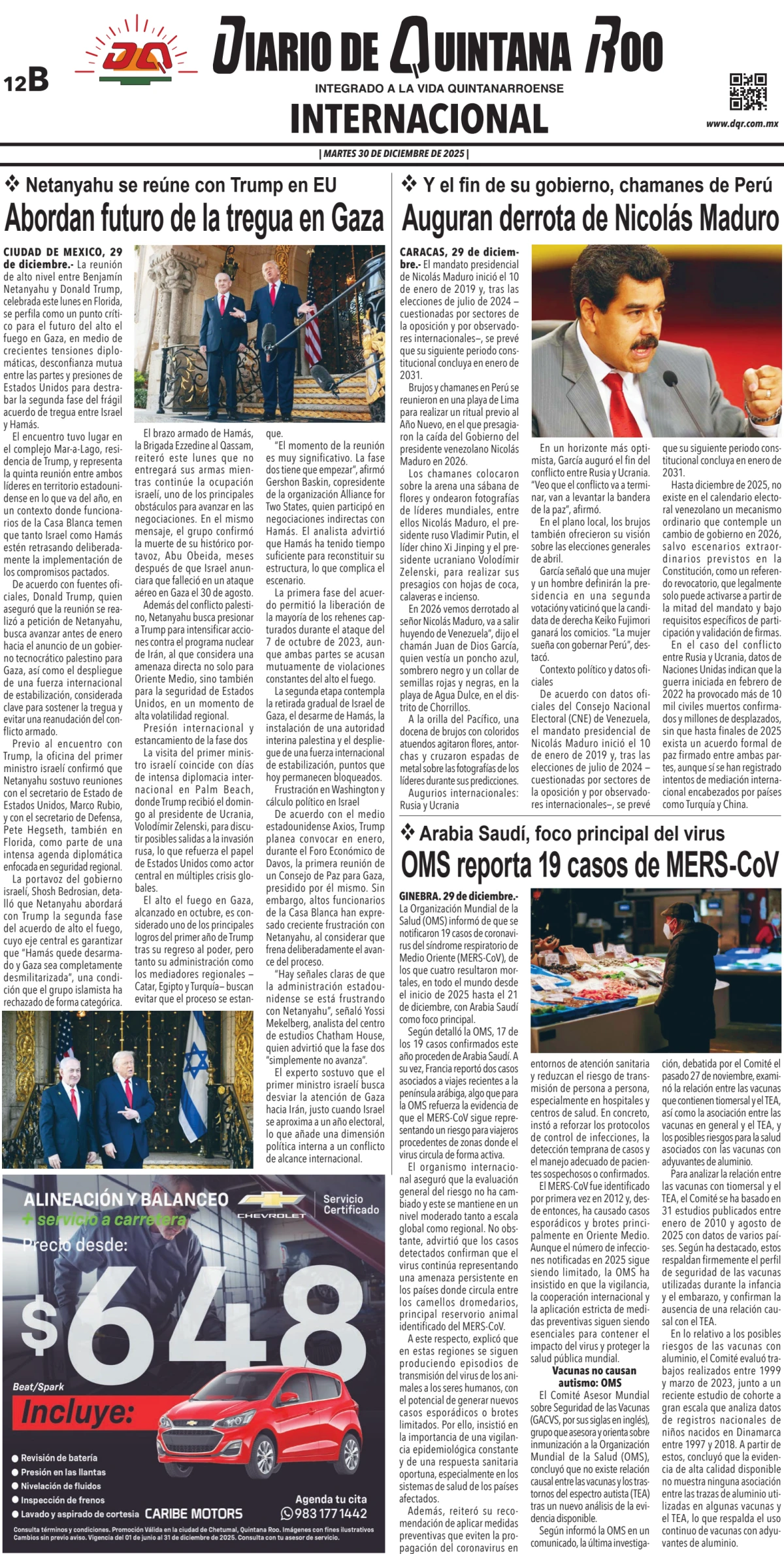 Portada de Diario de Quintana Roo (contra Portada) del martes, 30 de diciembre de 2025