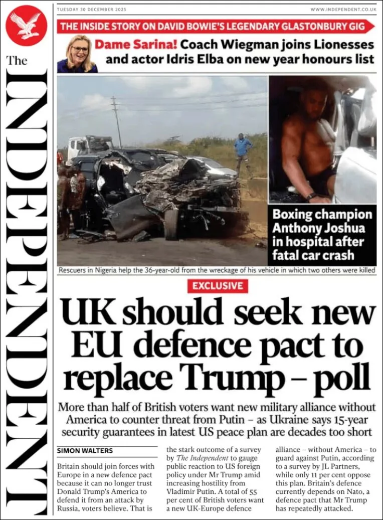 Portada de The Independent del martes, 30 de diciembre de 2025