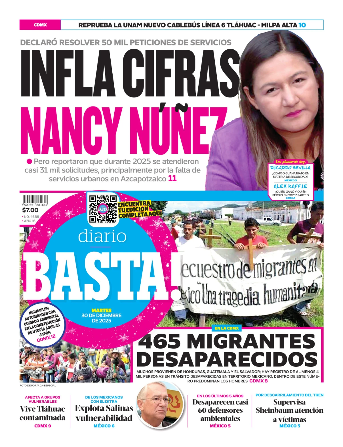 Portada de Basta! (portada) del martes, 30 de diciembre de 2025