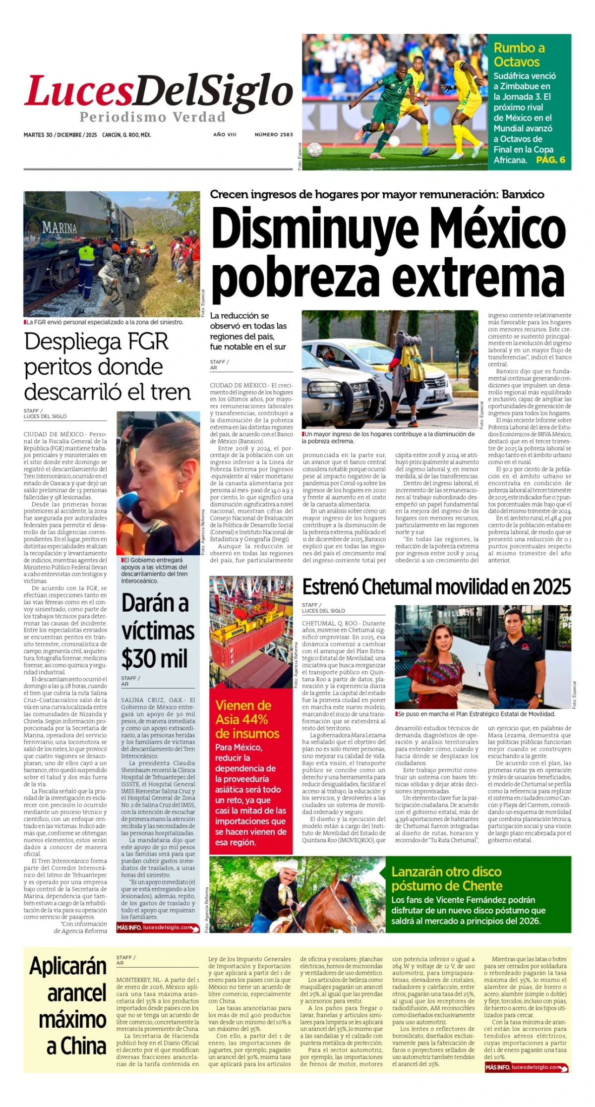 Portada de Luces del Siglo del martes, 30 de diciembre de 2025