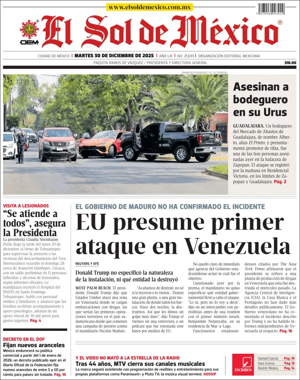 Portada de El Sol de Mexico del martes, 30 de diciembre de 2025