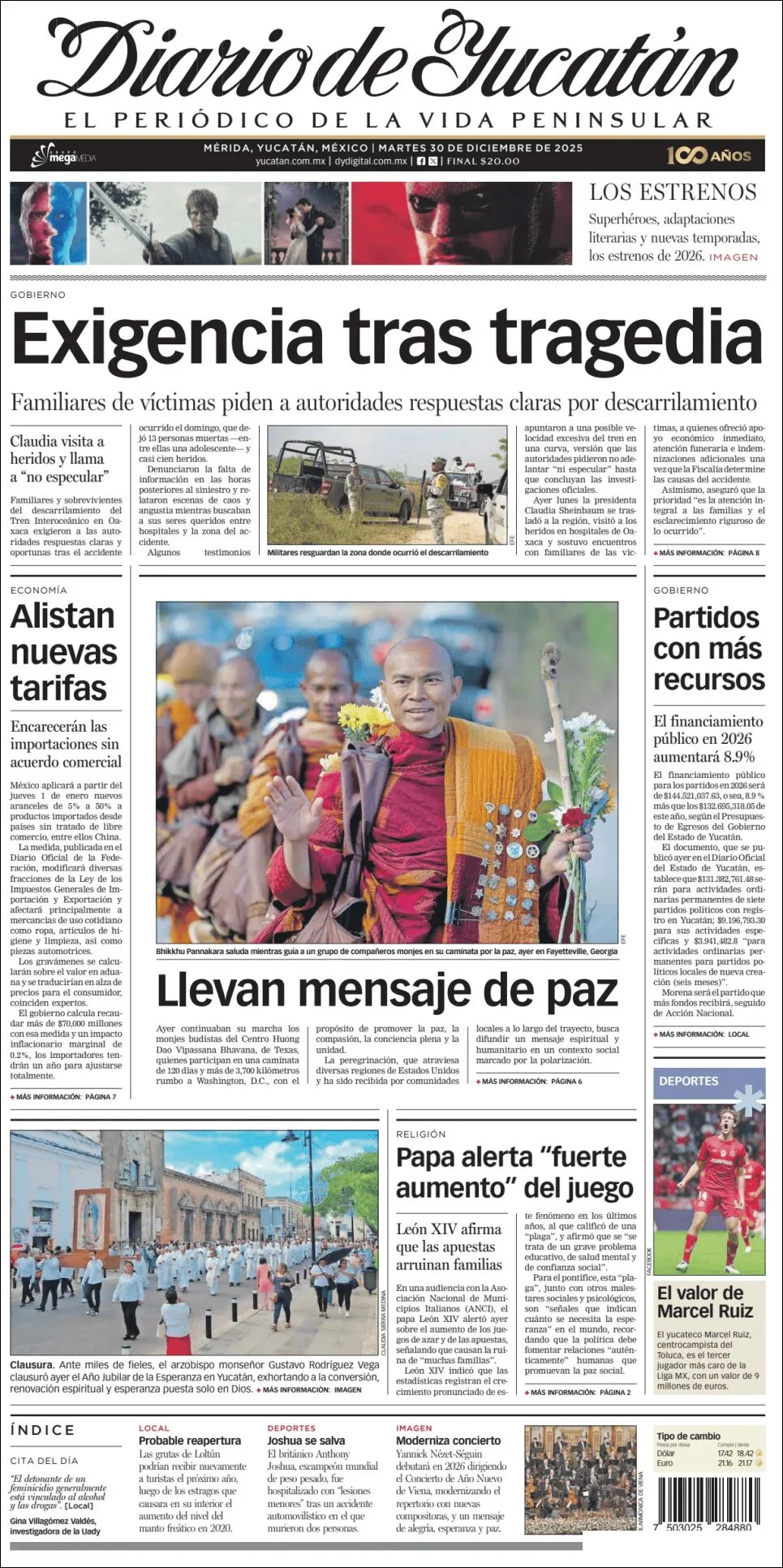 Portada de Diario de Yucatán del martes, 30 de diciembre de 2025