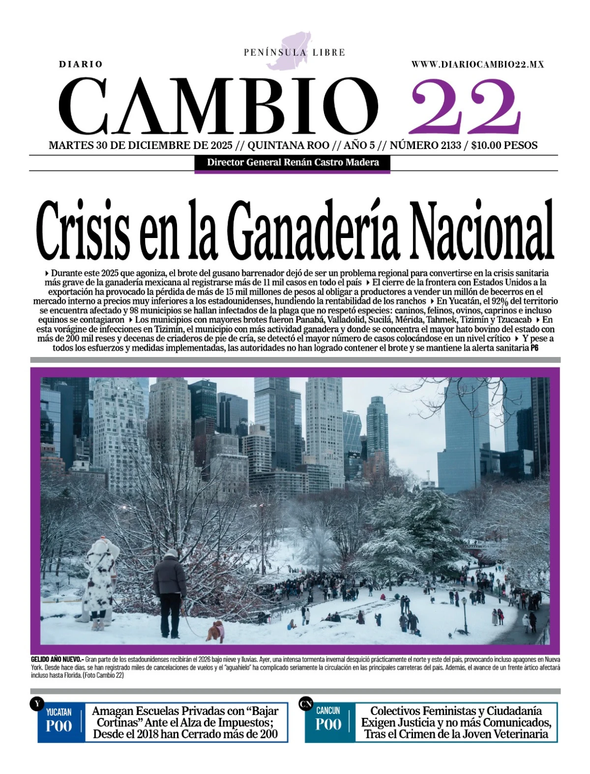 Portada de Diario Cambio 22 (portada) del martes, 30 de diciembre de 2025