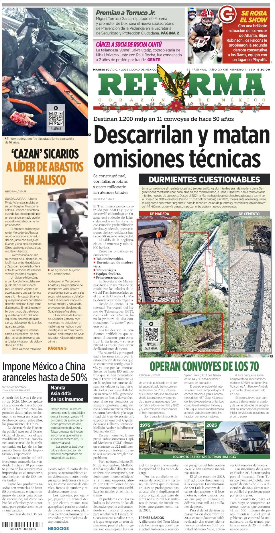 Portada de Reforma del martes, 30 de diciembre de 2025