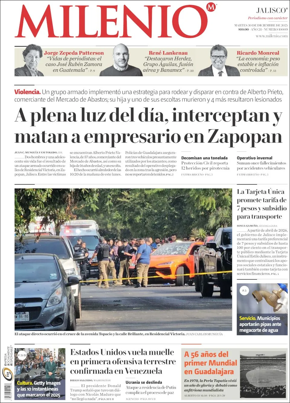 Portada de Milenio Jalisco del martes, 30 de diciembre de 2025
