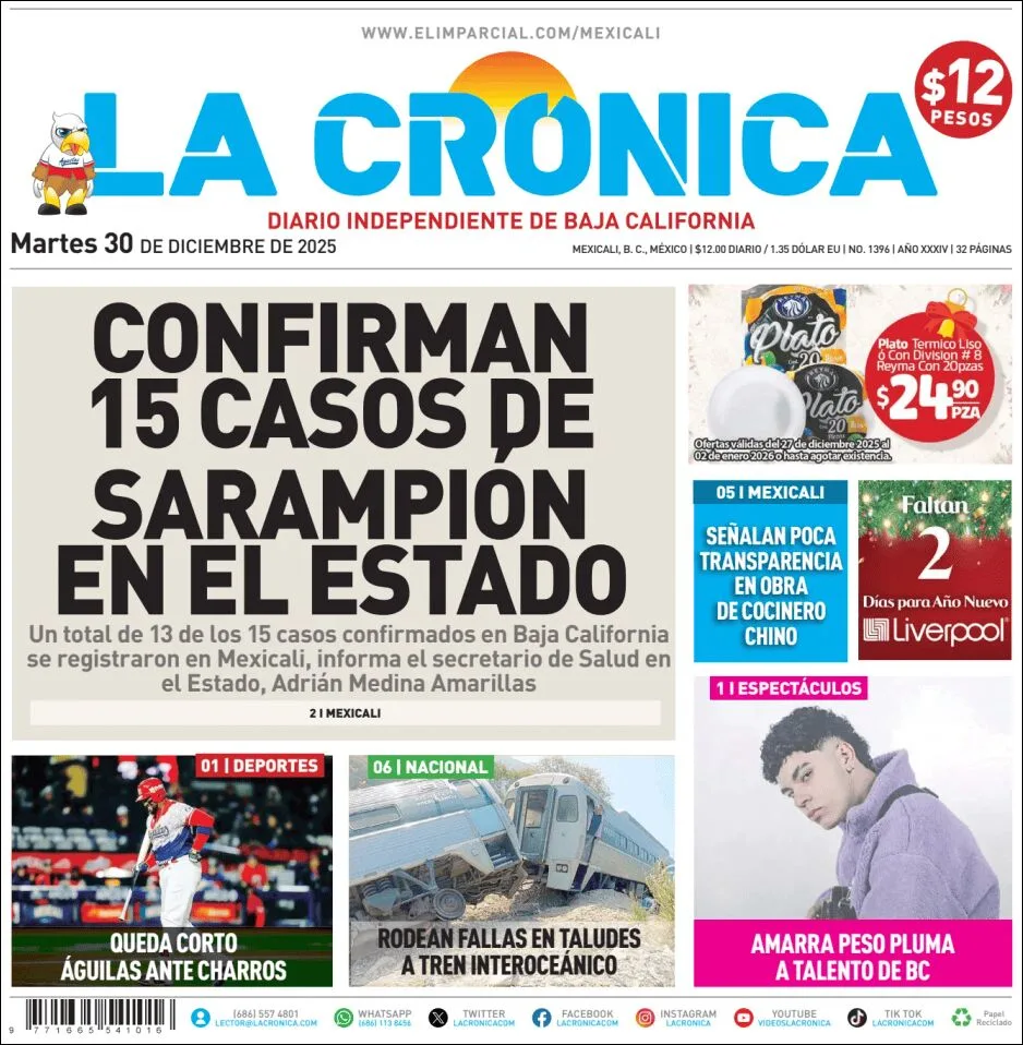 Portada de La Cronica del martes, 30 de diciembre de 2025