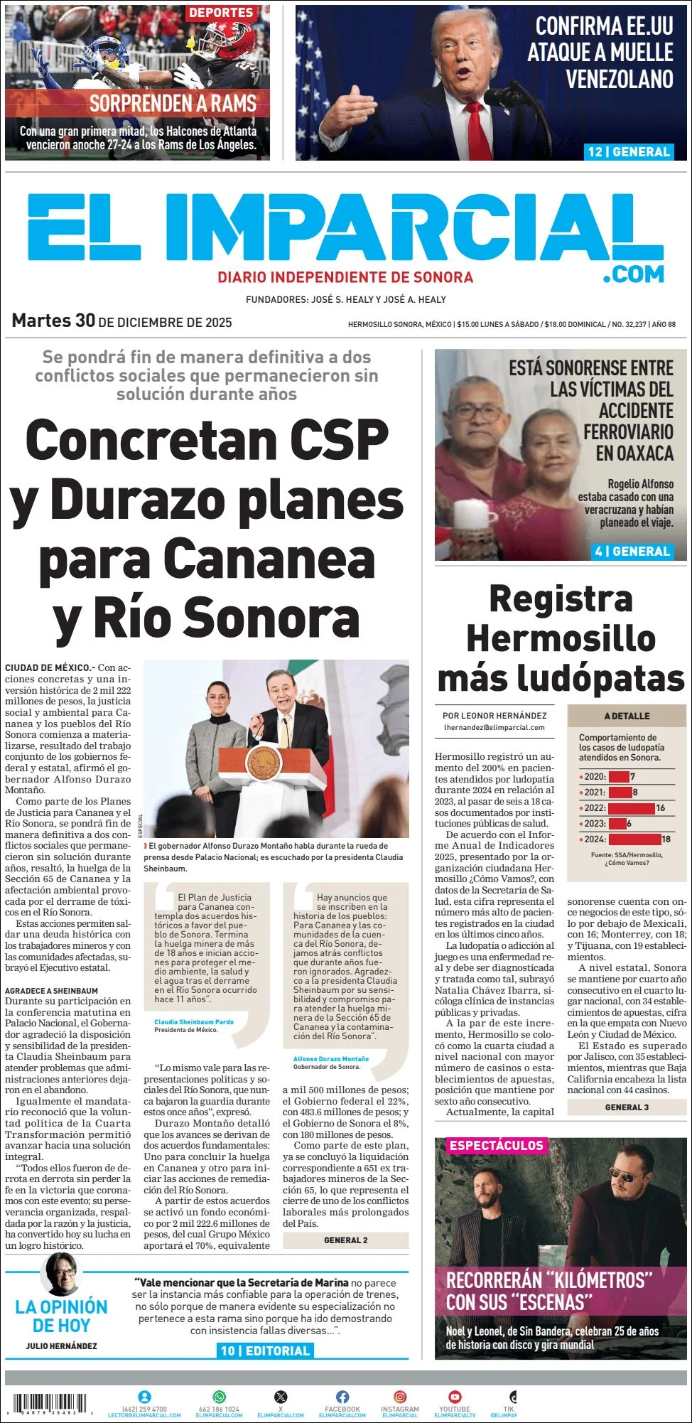 Portada de El Imparcial del martes, 30 de diciembre de 2025