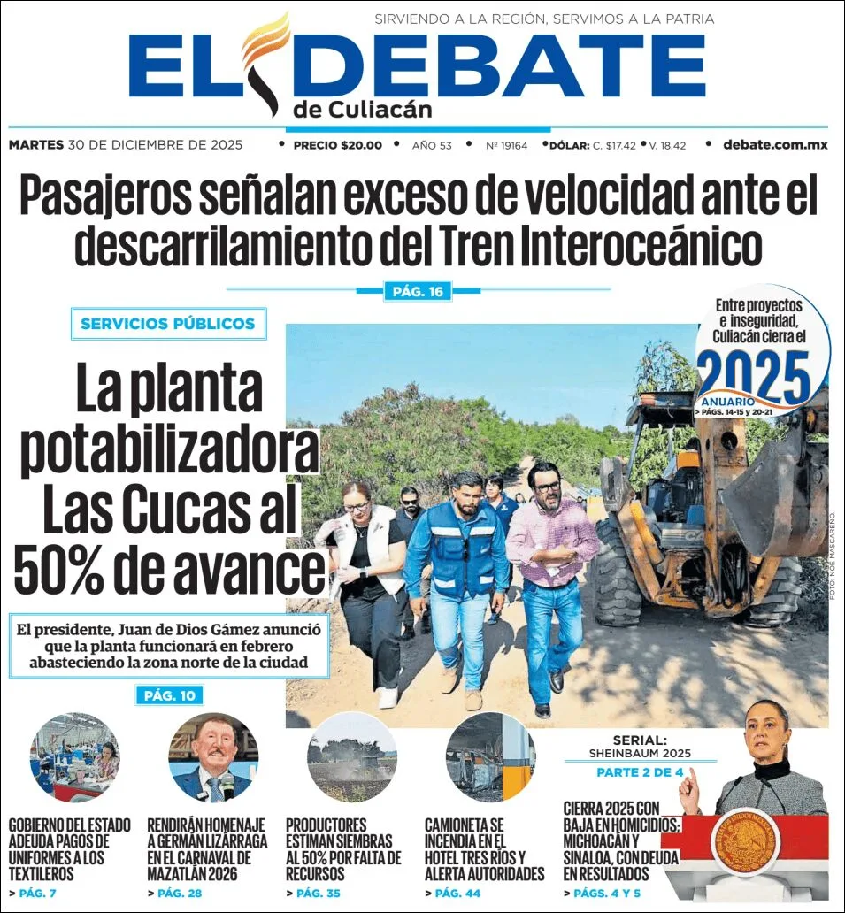 Portada de El Debate de Culiacan del martes, 30 de diciembre de 2025