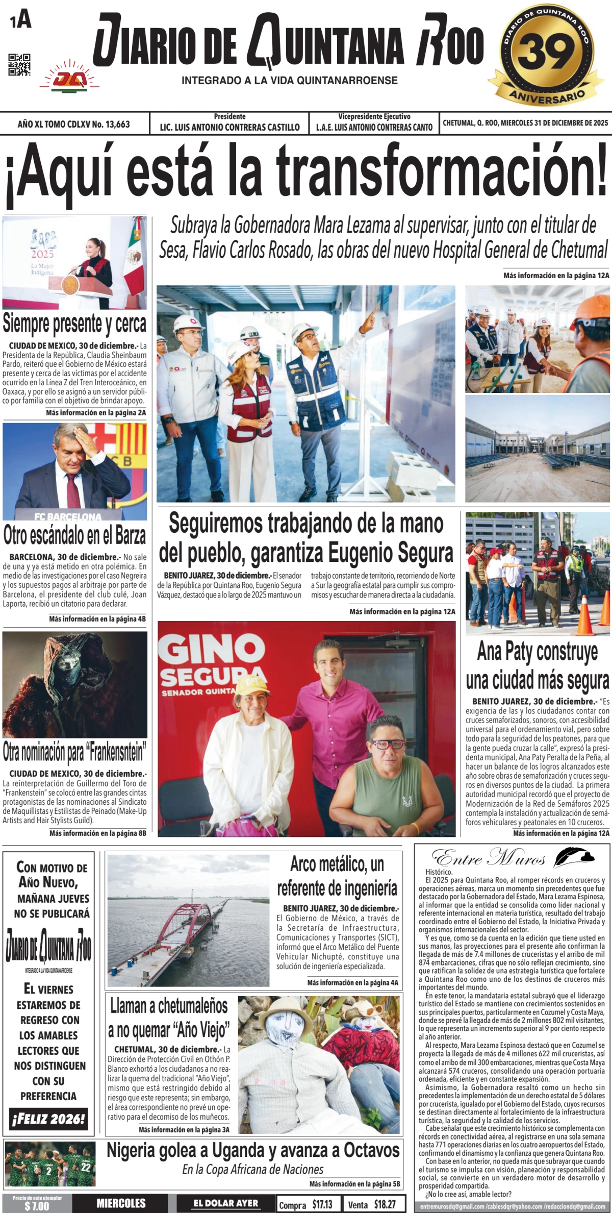 Portada de Diario de Quintana Roo (portada) del miércoles, 31 de diciembre de 2025