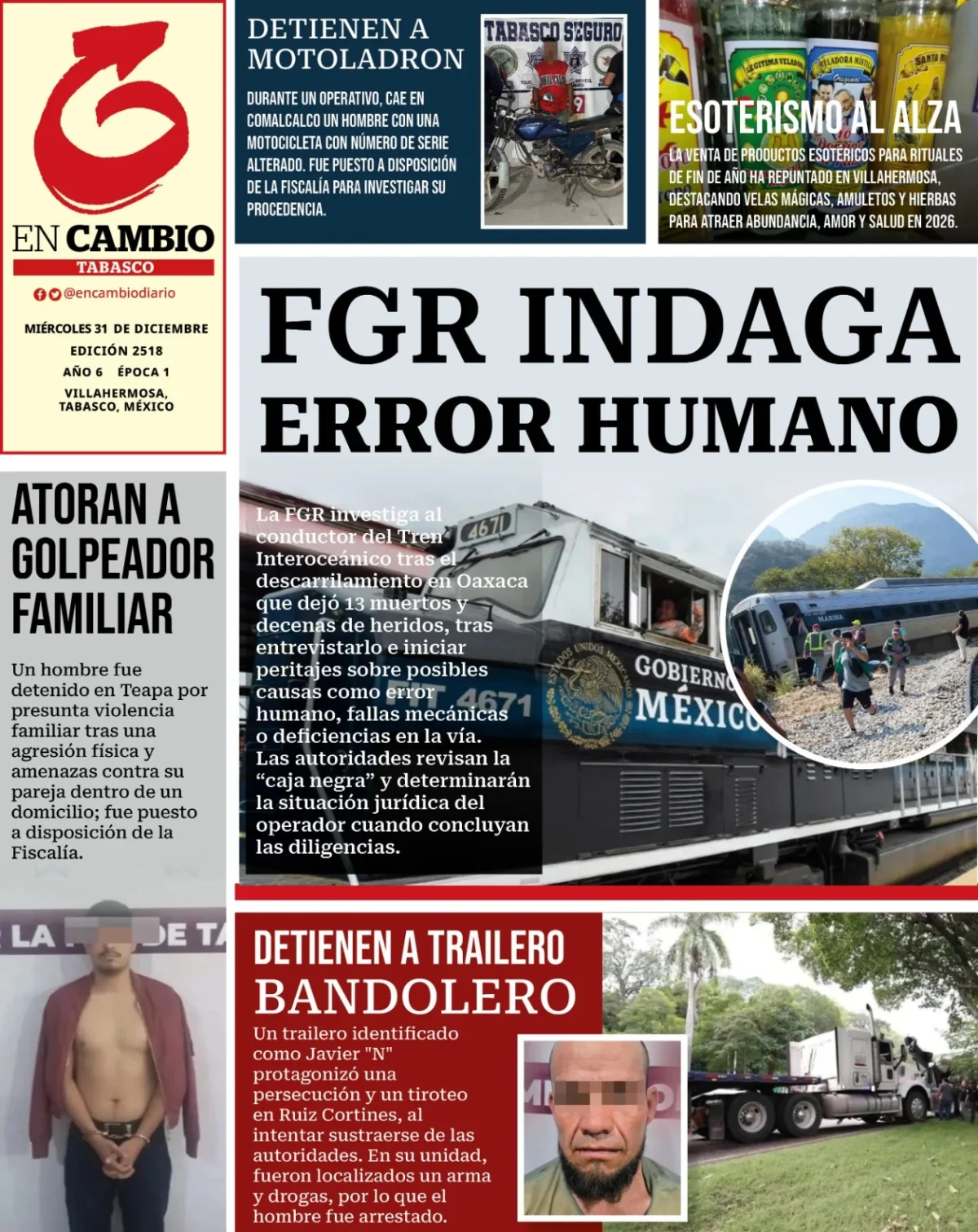 Portada de En Cambio - Tabasco (contraportada) del miércoles, 31 de diciembre de 2025