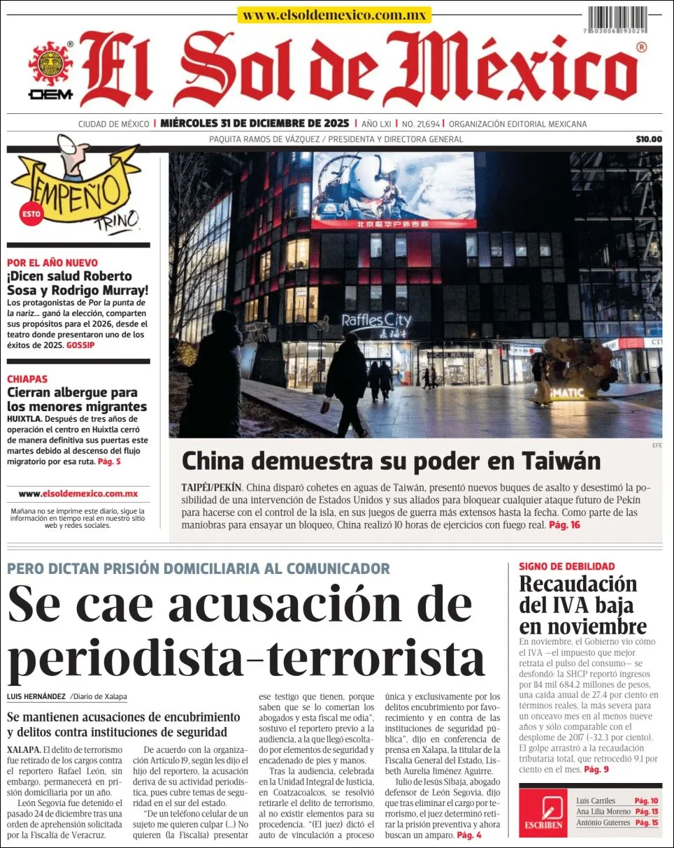 Portada de El Sol de Mexico del miércoles, 31 de diciembre de 2025