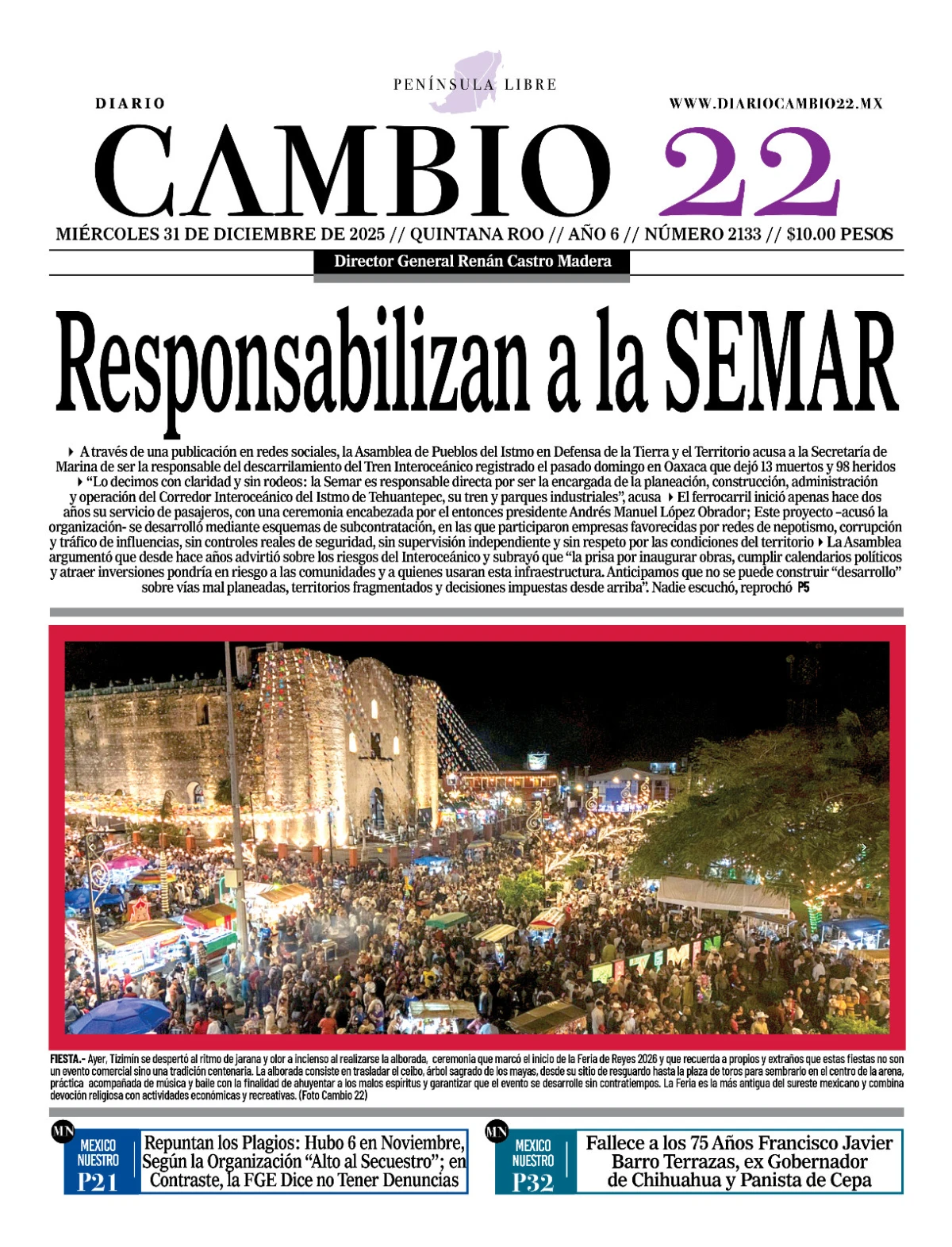 Portada de Diario Cambio 22 (contraportada) del miércoles, 31 de diciembre de 2025