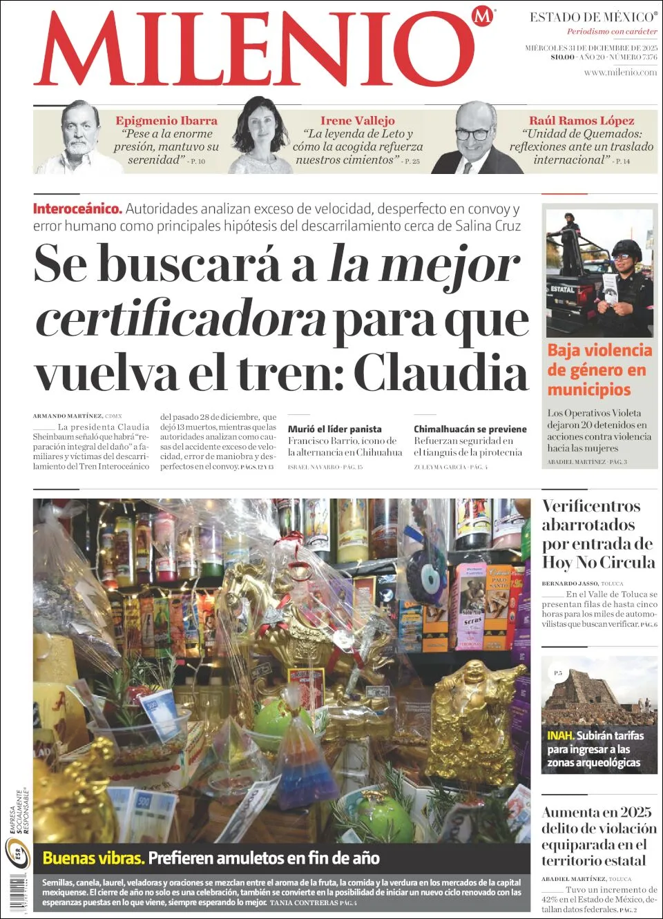 Portada de Milenio Edo de Mexico del miércoles, 31 de diciembre de 2025