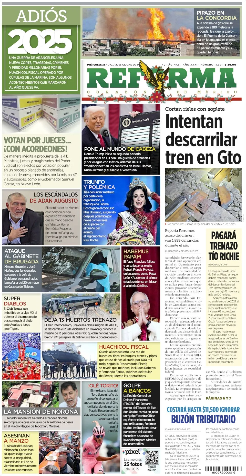 Portada de Reforma del miércoles, 31 de diciembre de 2025