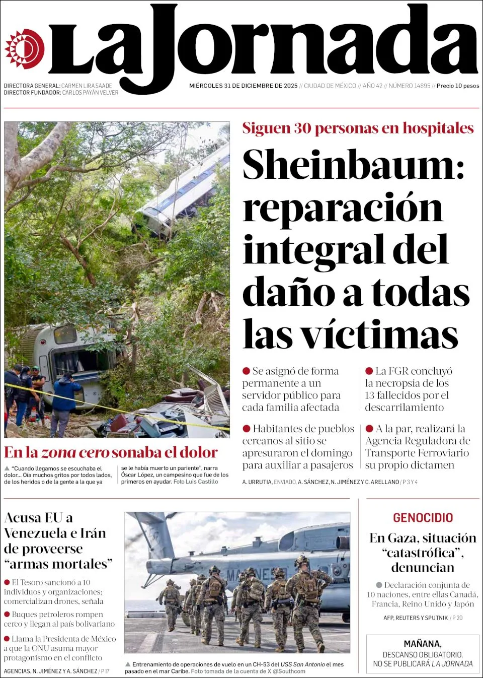 Portada de La Jornada del miércoles, 31 de diciembre de 2025