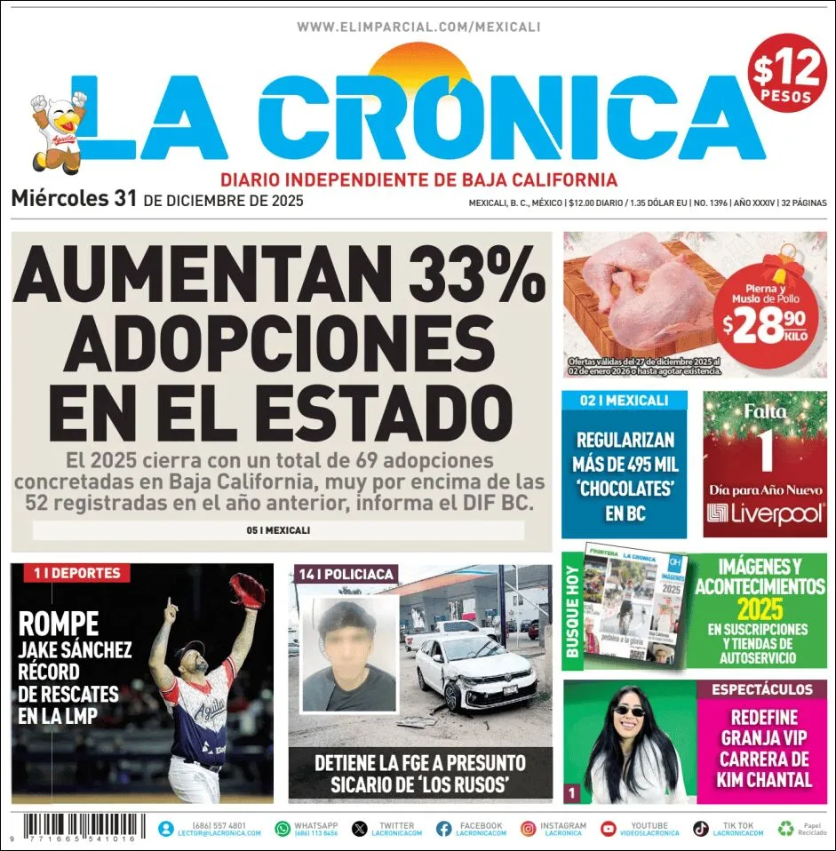 Portada de La Cronica del miércoles, 31 de diciembre de 2025