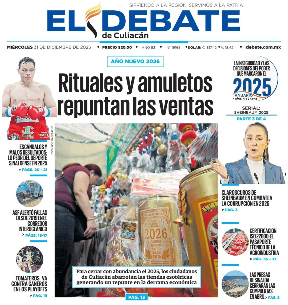 Portada de El Debate de Culiacan del miércoles, 31 de diciembre de 2025
