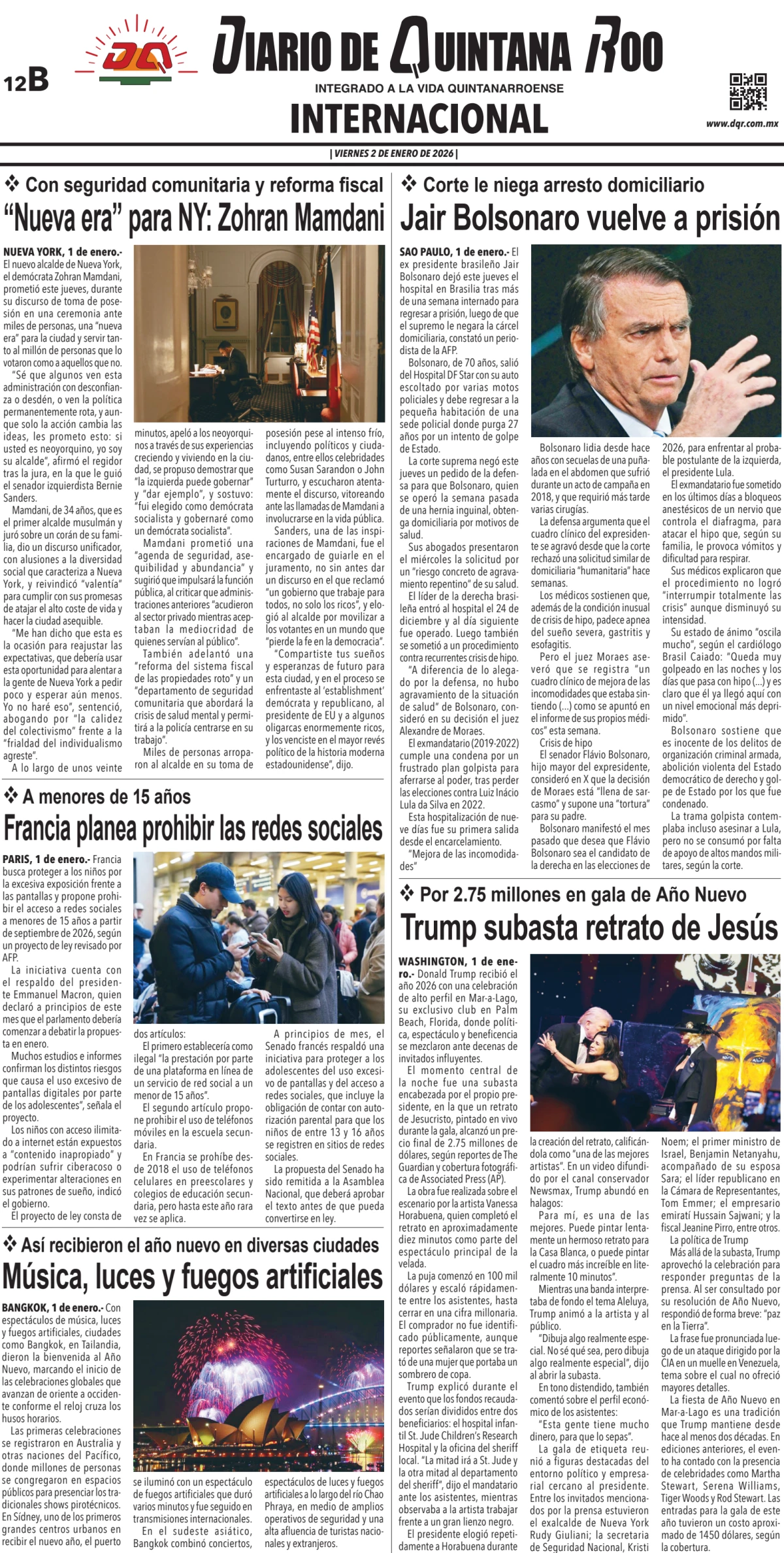 Portada de Diario de Quintana Roo (contra Portada) del viernes, 2 de enero de 2026