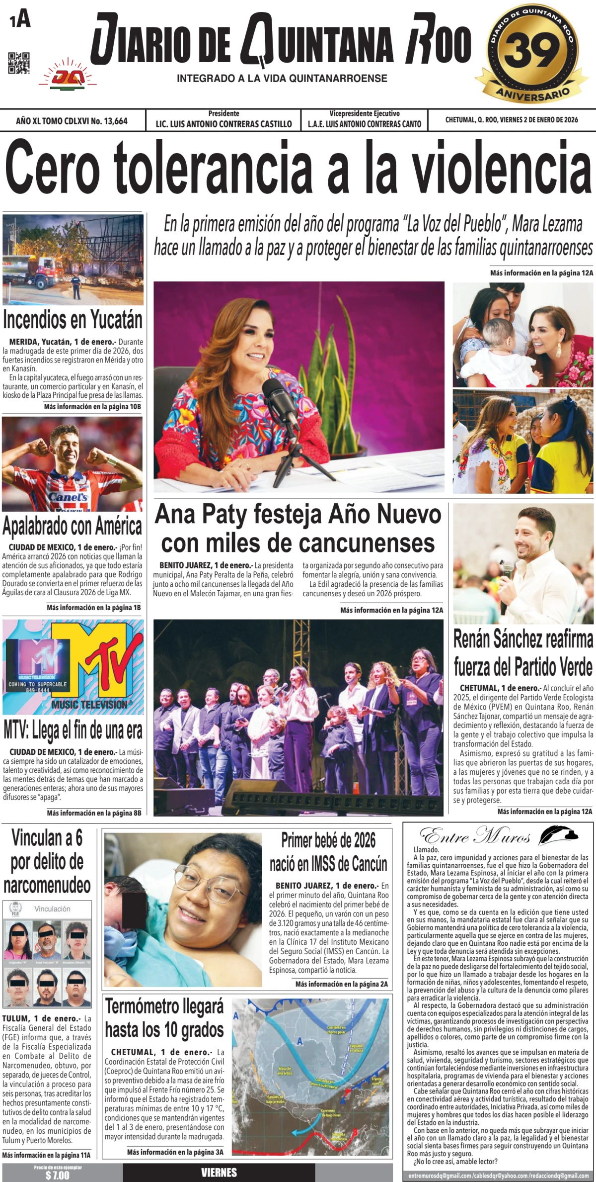 Portada de Diario de Quintana Roo (portada) del viernes, 2 de enero de 2026