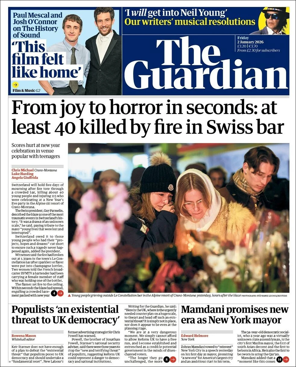 Portada de The Guardian (reino Unido) del viernes, 2 de enero de 2026