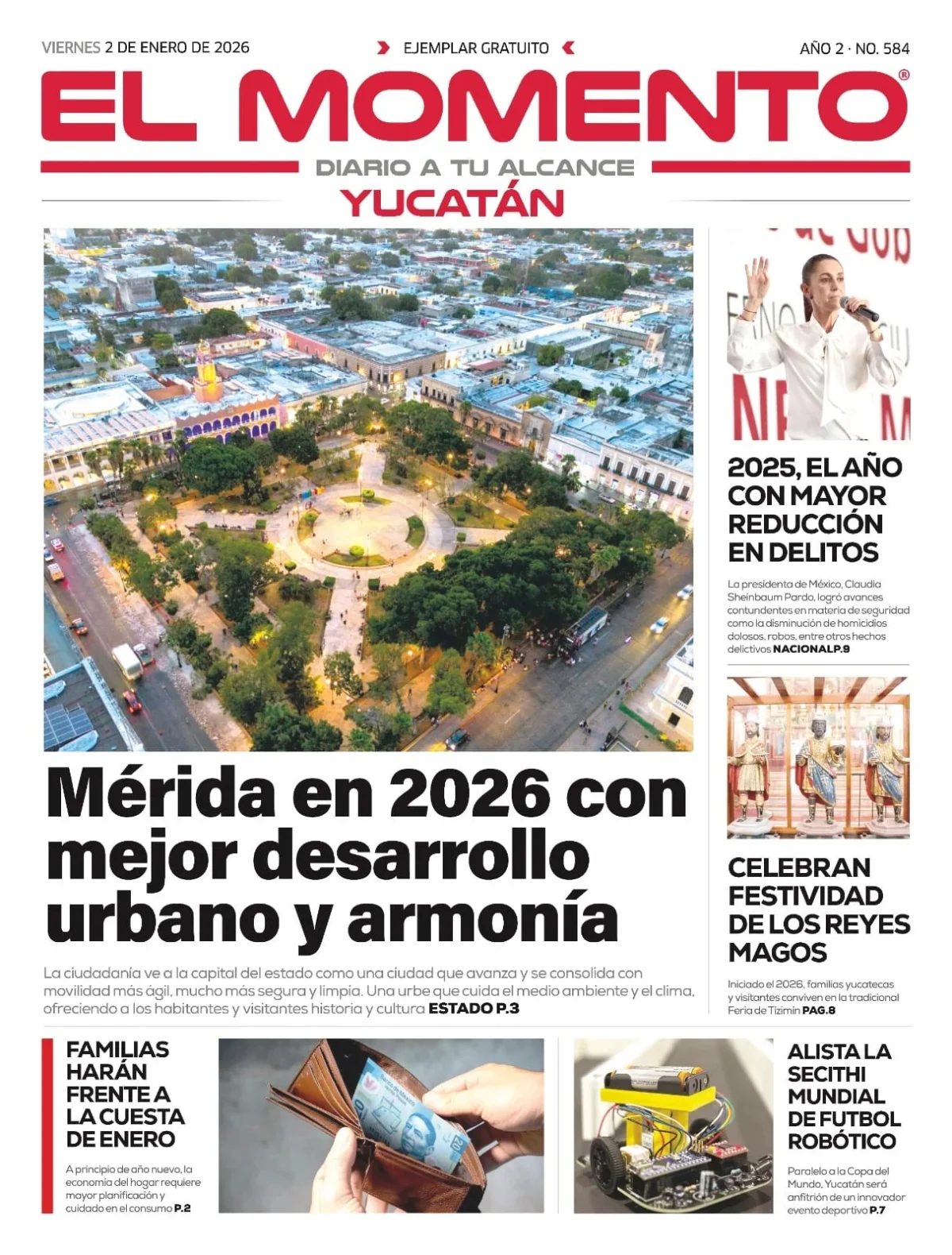 Portada de El Momento Yucatan del viernes, 2 de enero de 2026