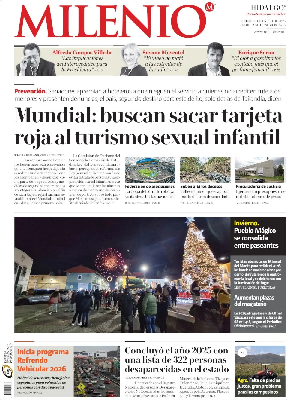 Portada de Milenio Hidalgo del viernes, 2 de enero de 2026