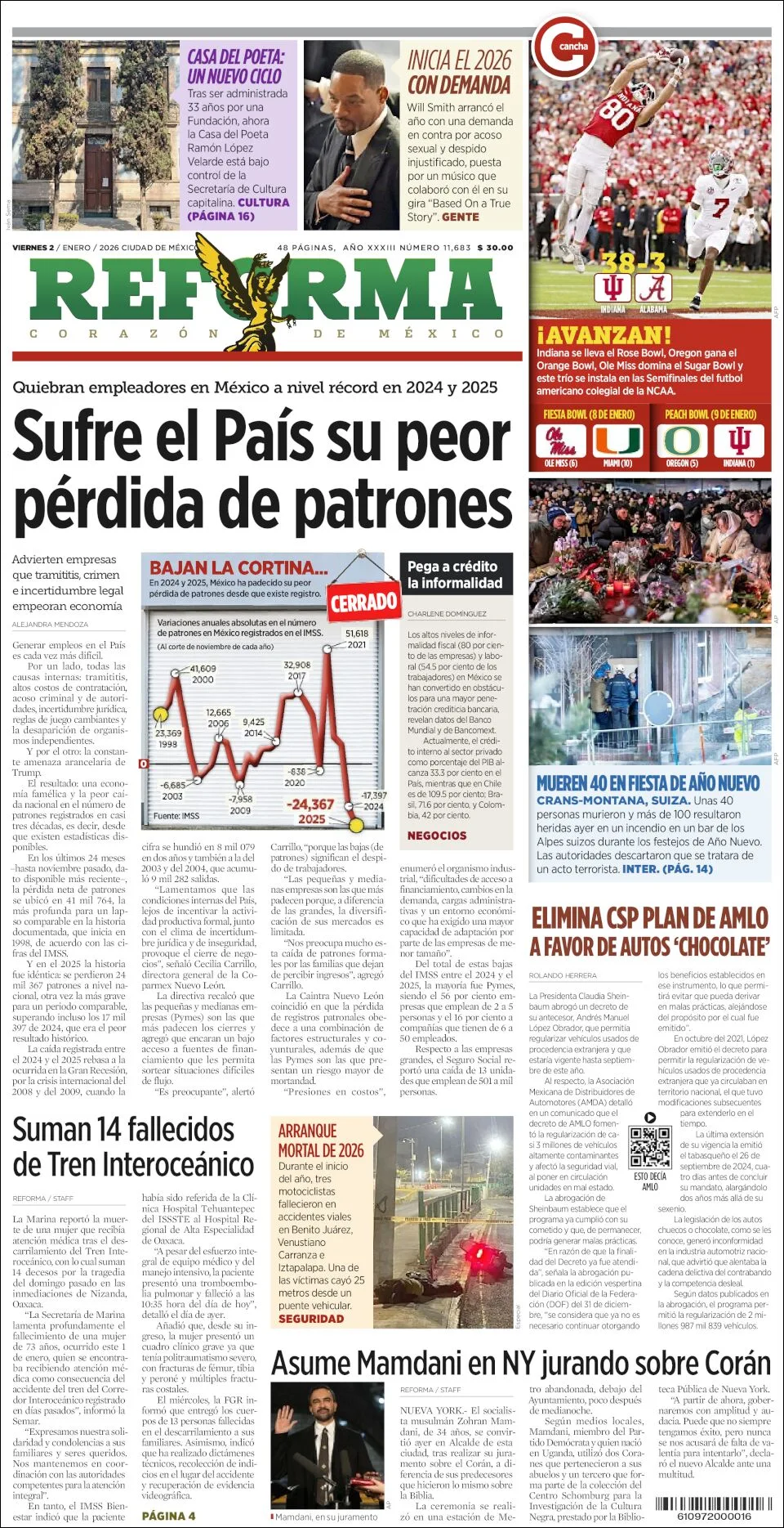 Portada de Reforma del viernes, 2 de enero de 2026