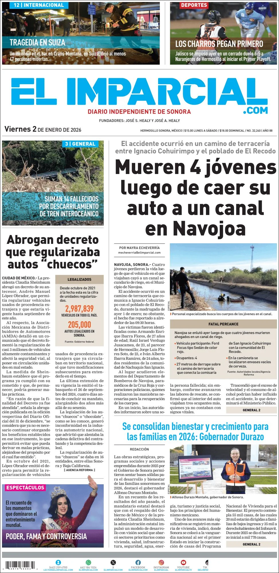 Portada de El Imparcial del viernes, 2 de enero de 2026