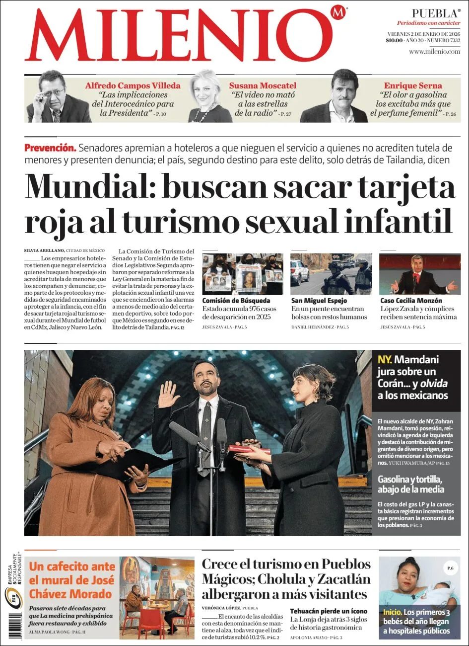 Portada de Milenio Puebla del viernes, 2 de enero de 2026