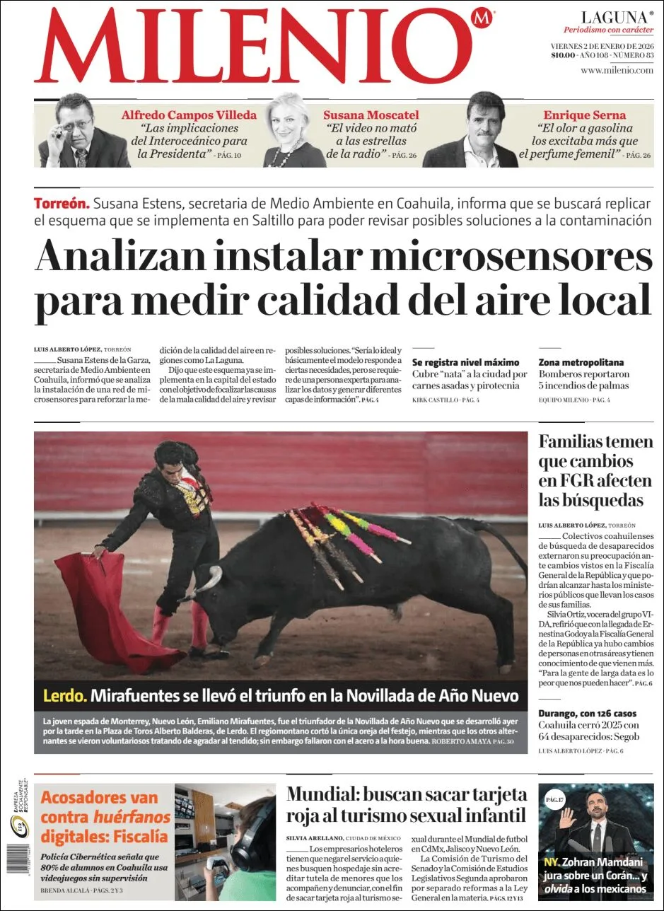 Portada de Milenio Laguna del viernes, 2 de enero de 2026