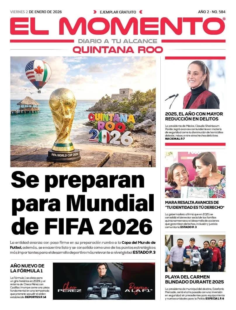 Portada de El Momento Quintana Roo del viernes, 2 de enero de 2026