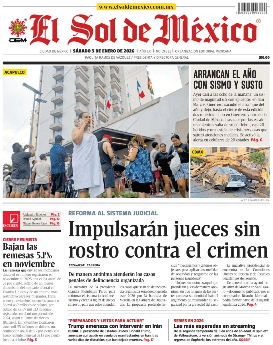 Portada de El Sol de Mexico del sábado, 3 de enero de 2026