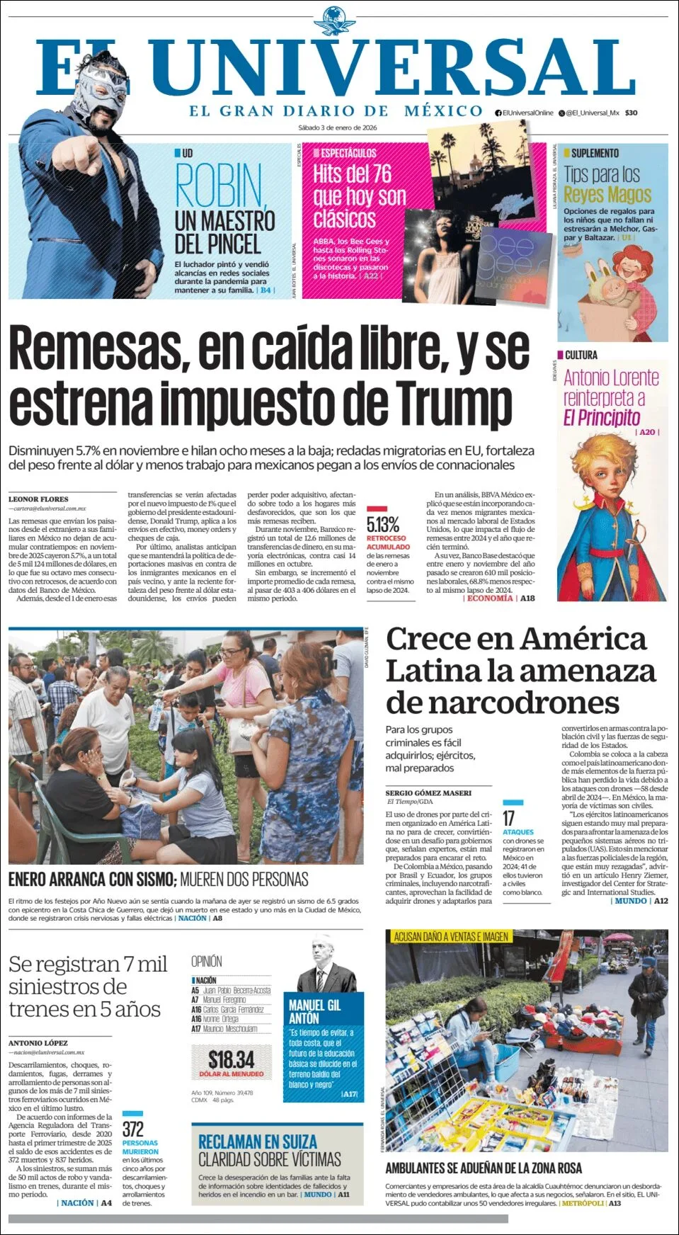 Portada de El Universal del sábado, 3 de enero de 2026