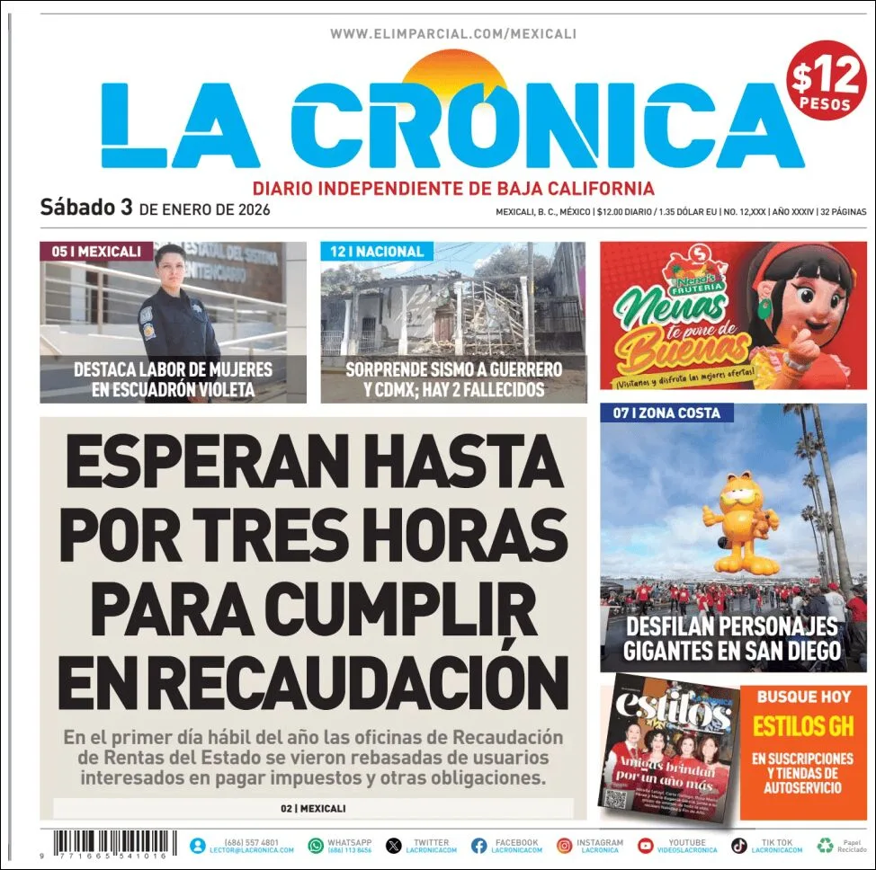Portada de La Cronica del sábado, 3 de enero de 2026