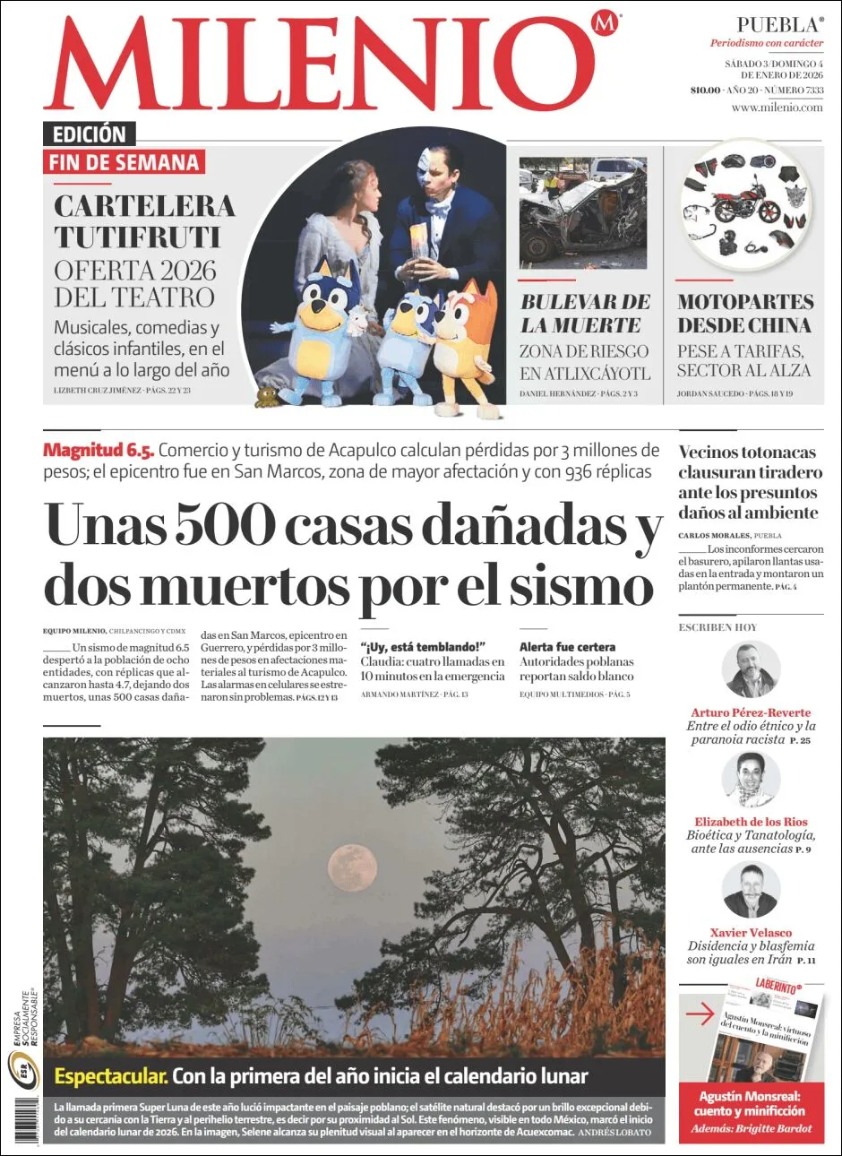 Portada de Milenio Puebla del sábado, 3 de enero de 2026