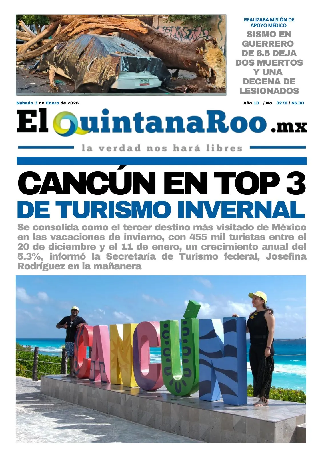 Portada de El Quintana Roo (portada) del 2026-01-03