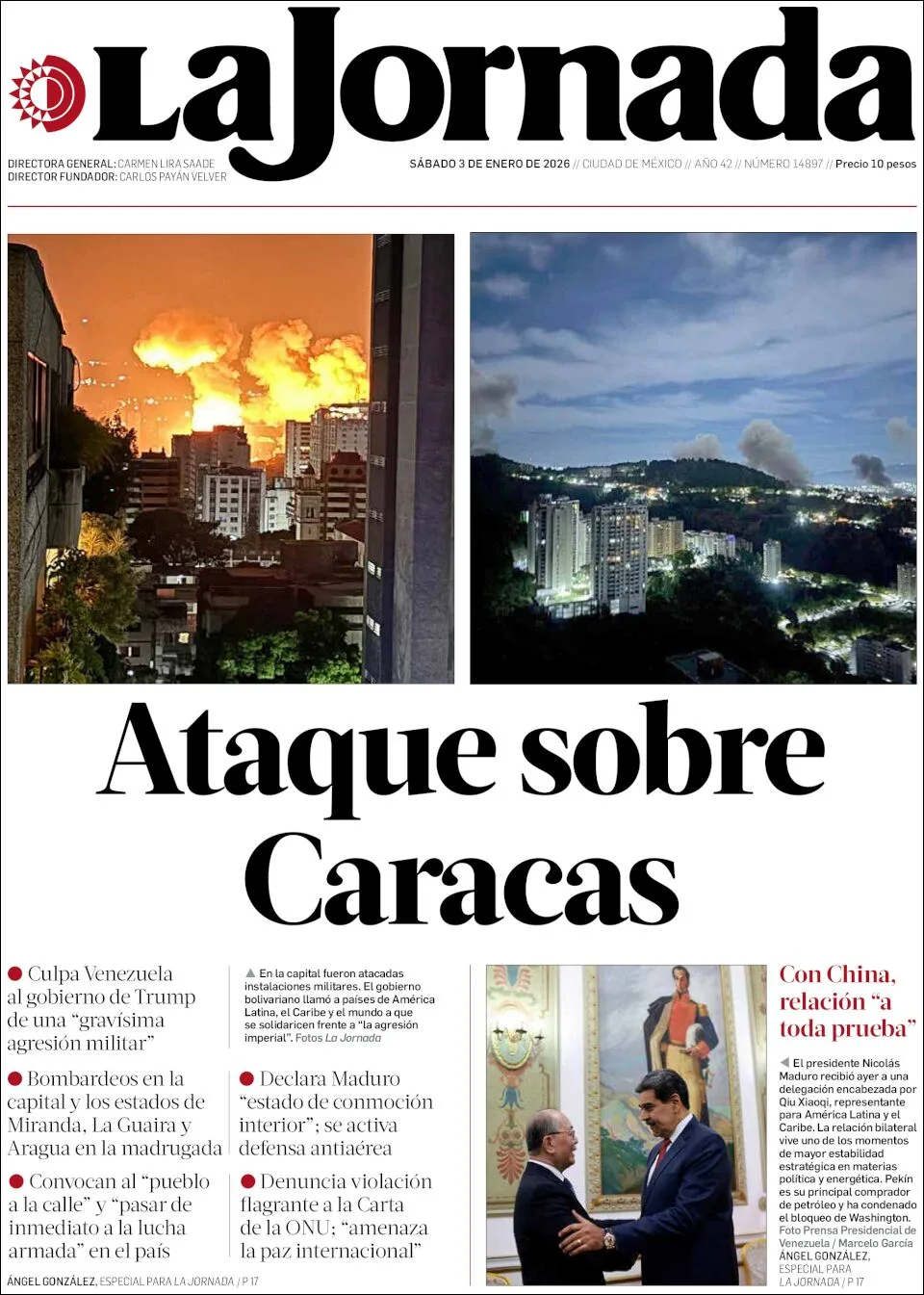 Portada de La Jornada del sábado, 3 de enero de 2026