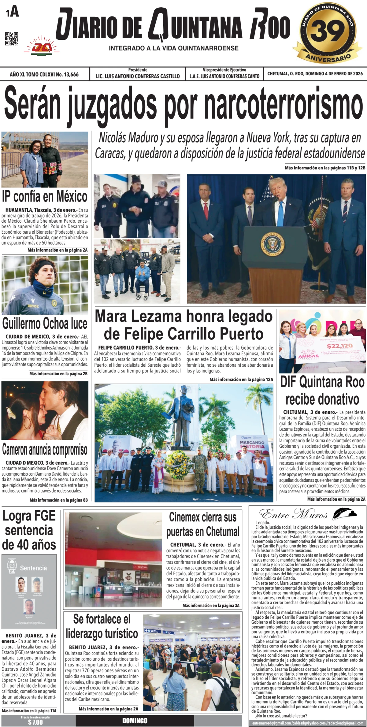 Portada de Diario de Quintana Roo (portada) del domingo, 4 de enero de 2026