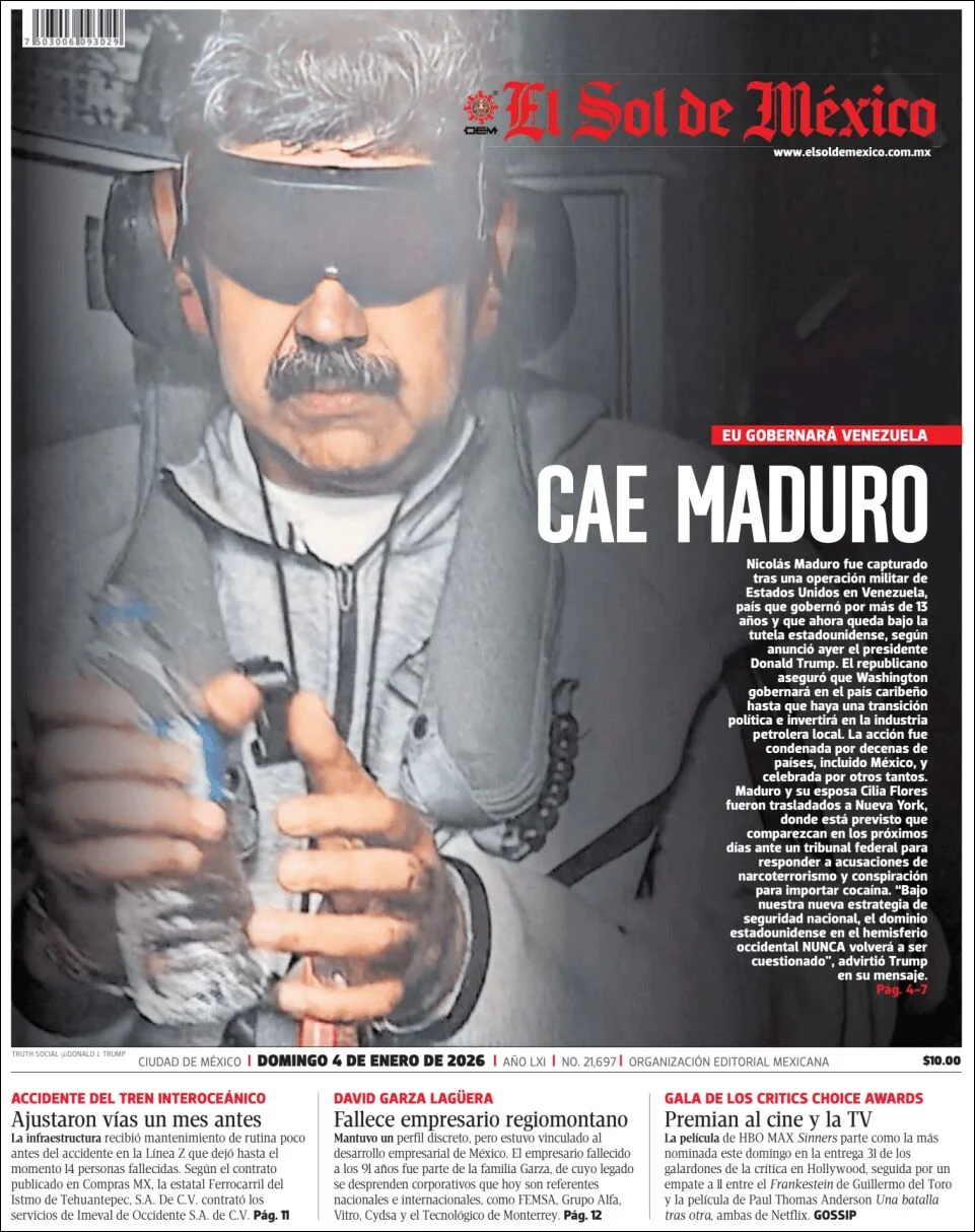 Portada de El Sol de Mexico del domingo, 4 de enero de 2026
