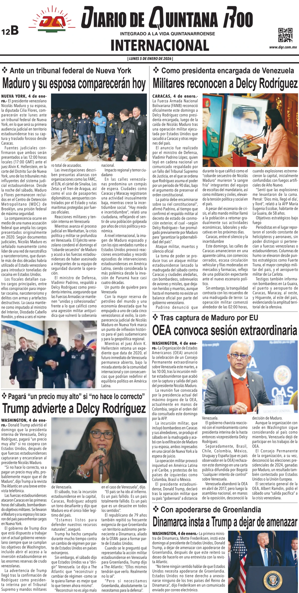 Portada de Diario de Quintana Roo (contra Portada) del lunes, 5 de enero de 2026