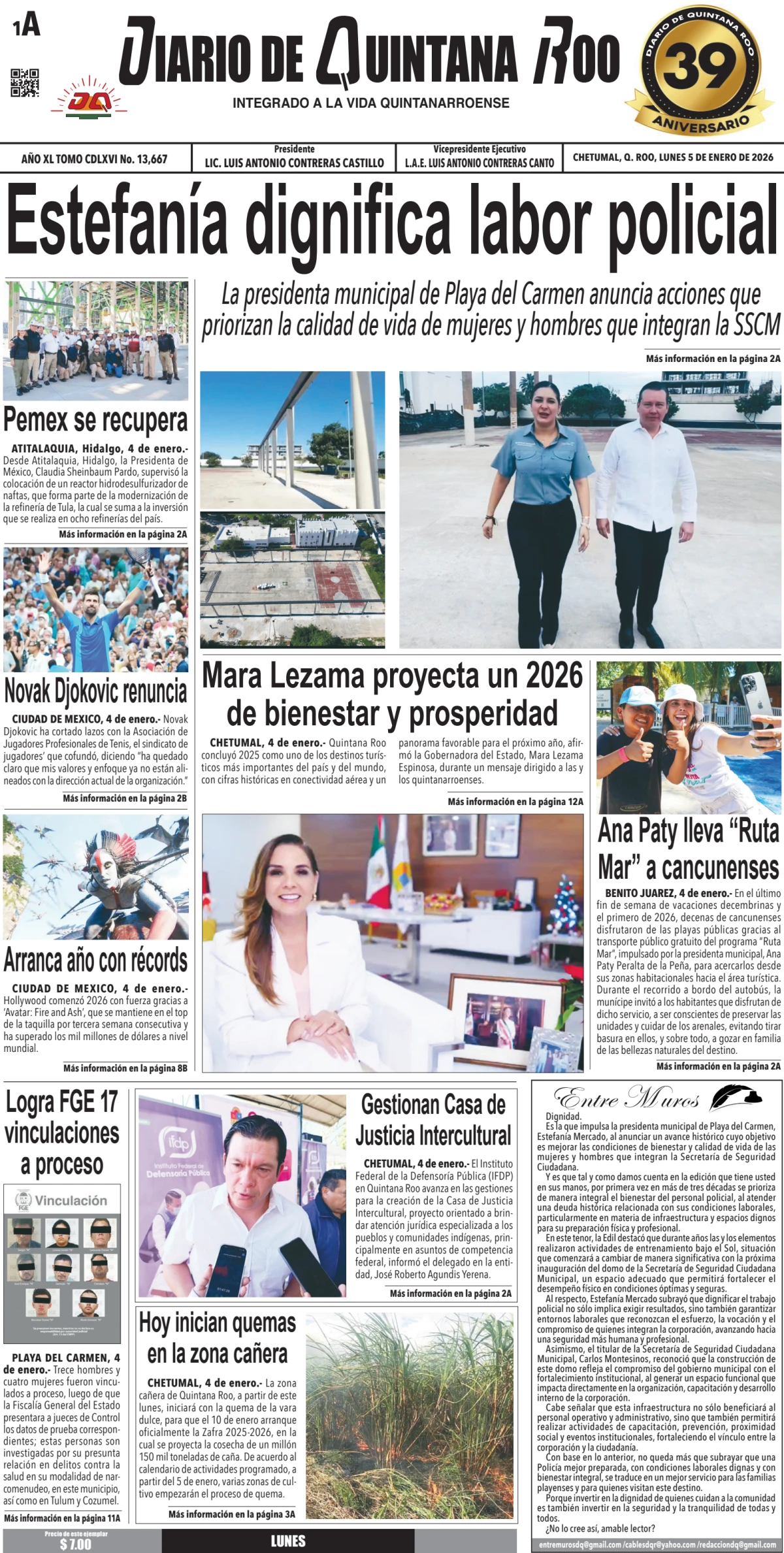 Portada de Diario de Quintana Roo (portada) del lunes, 5 de enero de 2026