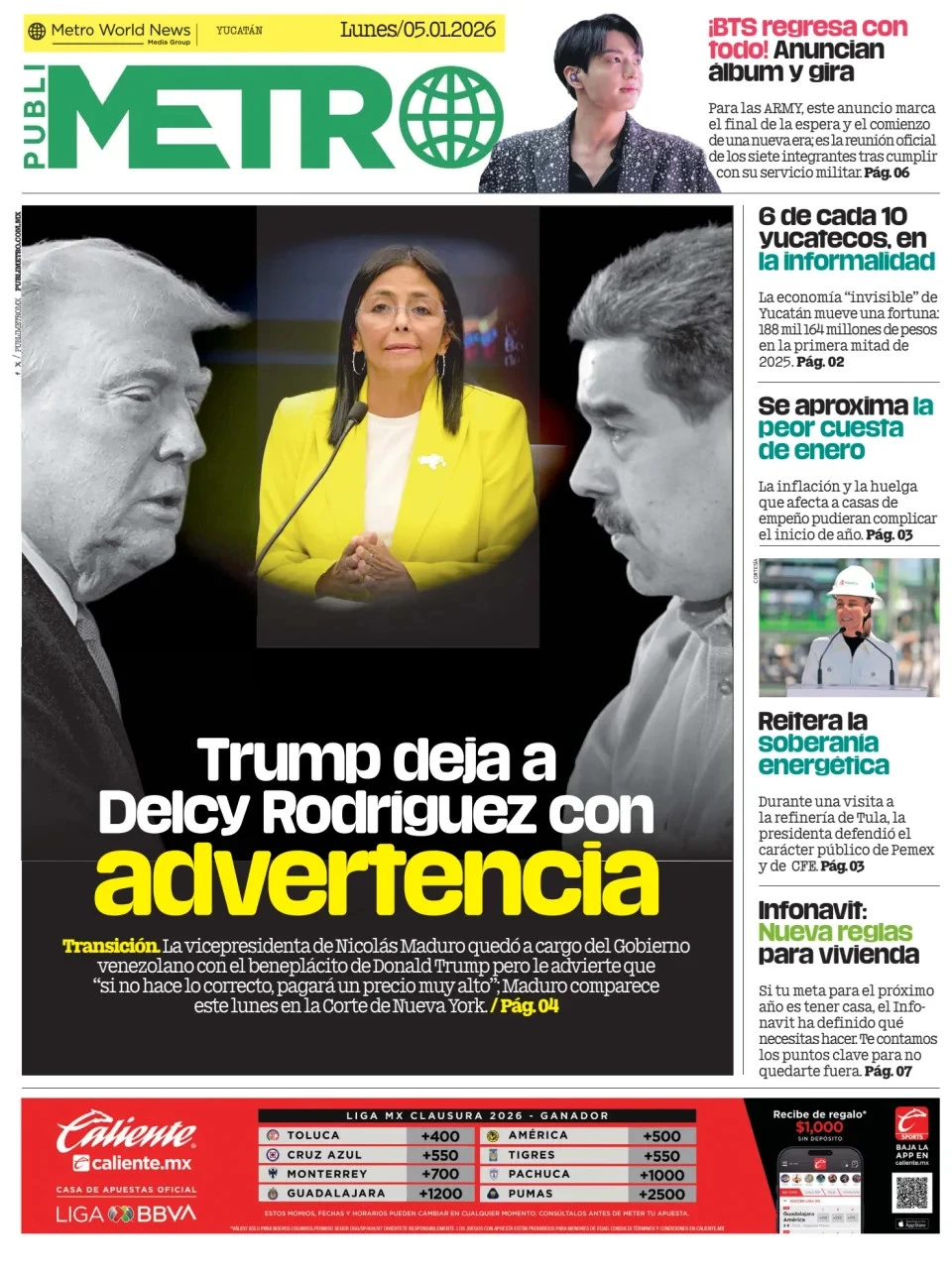 Portada de Publimetro Merida del lunes, 5 de enero de 2026